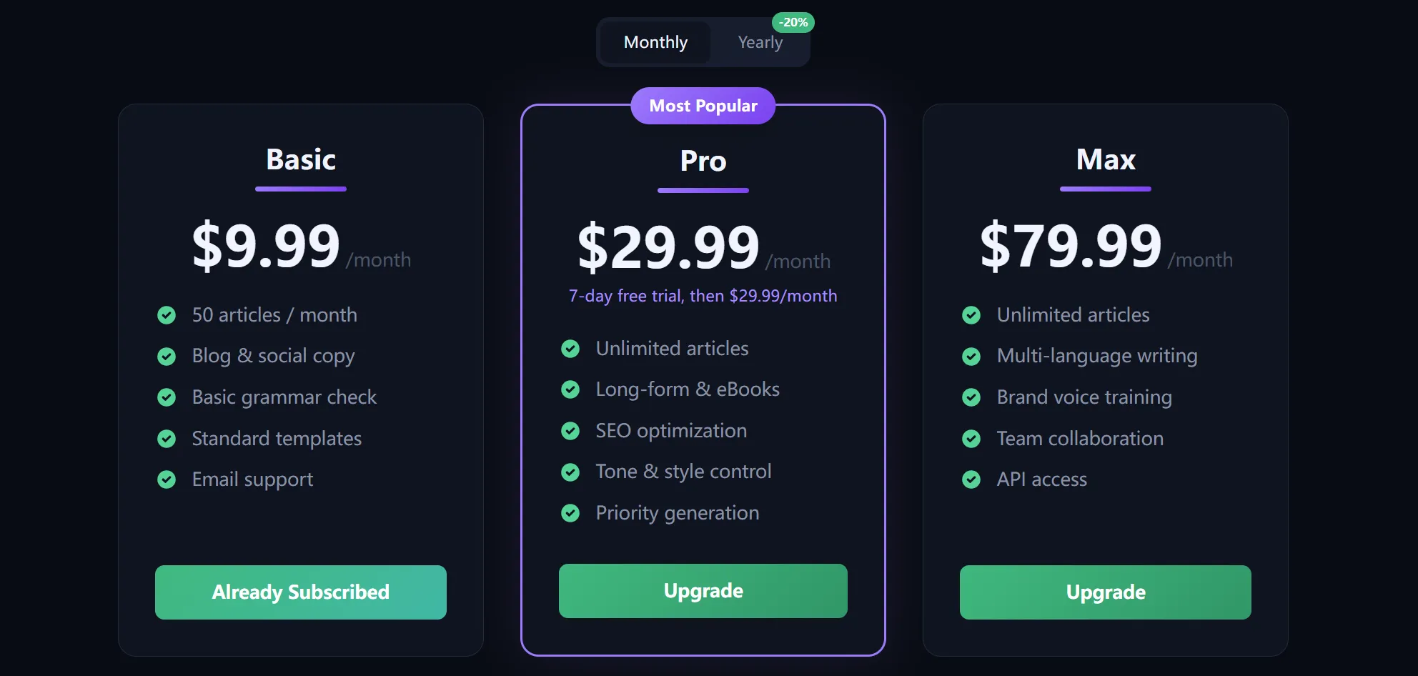 Unlimited Subscription pricing page